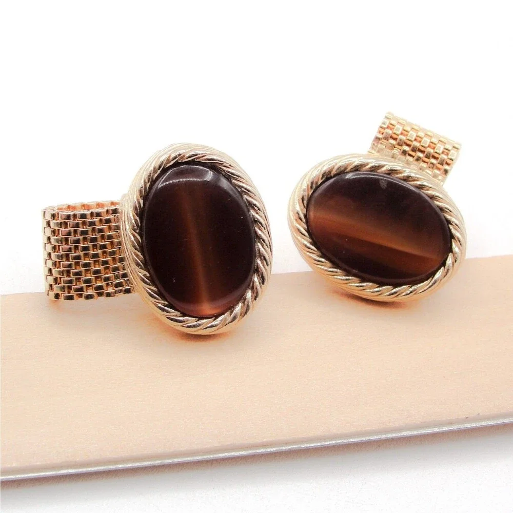 Vintage Swank Brown Tigers Eye Cabochon Gold Tone Mesh Wrap Around Cufflinks MCM